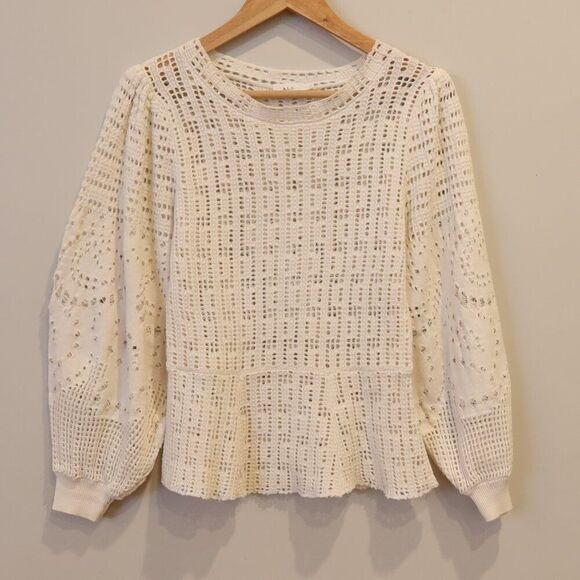 ALC crochet open knit sweater white baloon sleeve Large peplum stretch lace crew - Picture 1 of 9